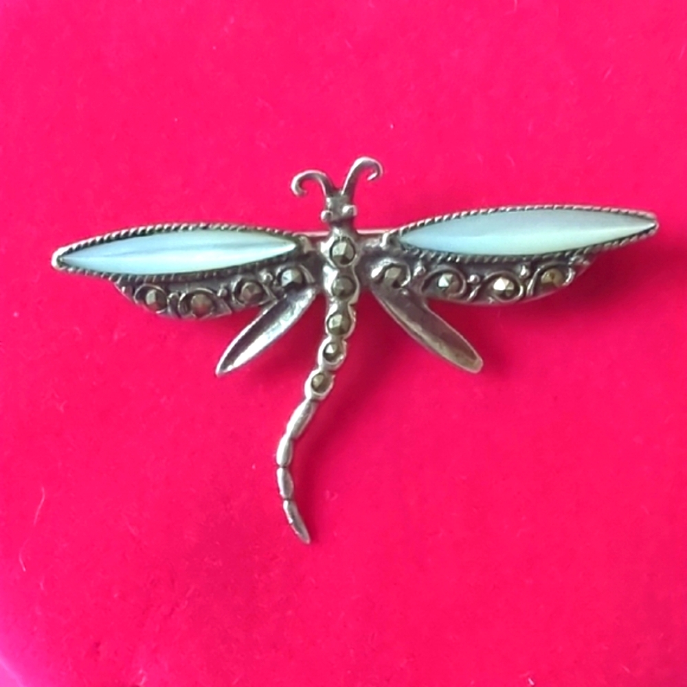 Vintage Sterling Silver Marcasite Firefly Pin w/Mother of Pearl Wings